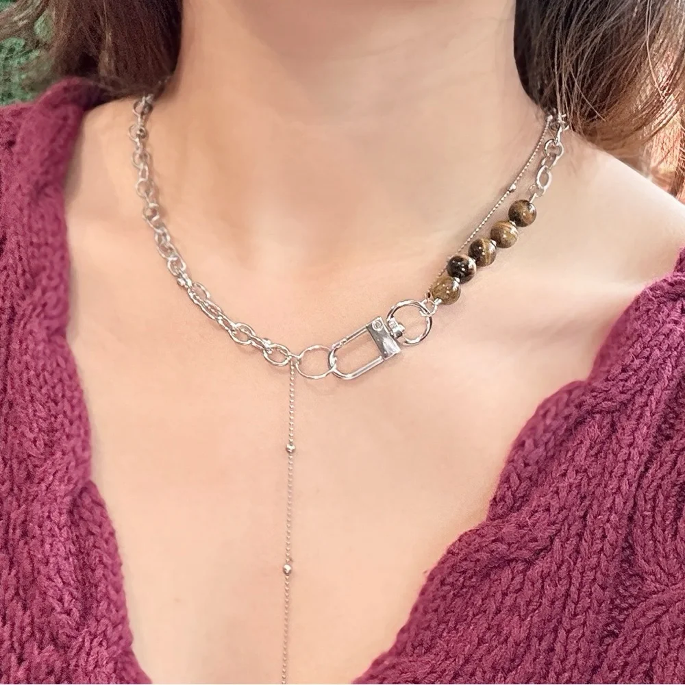 Tiger’s eye Double Chain Silver necklace - Picture 2 of 3